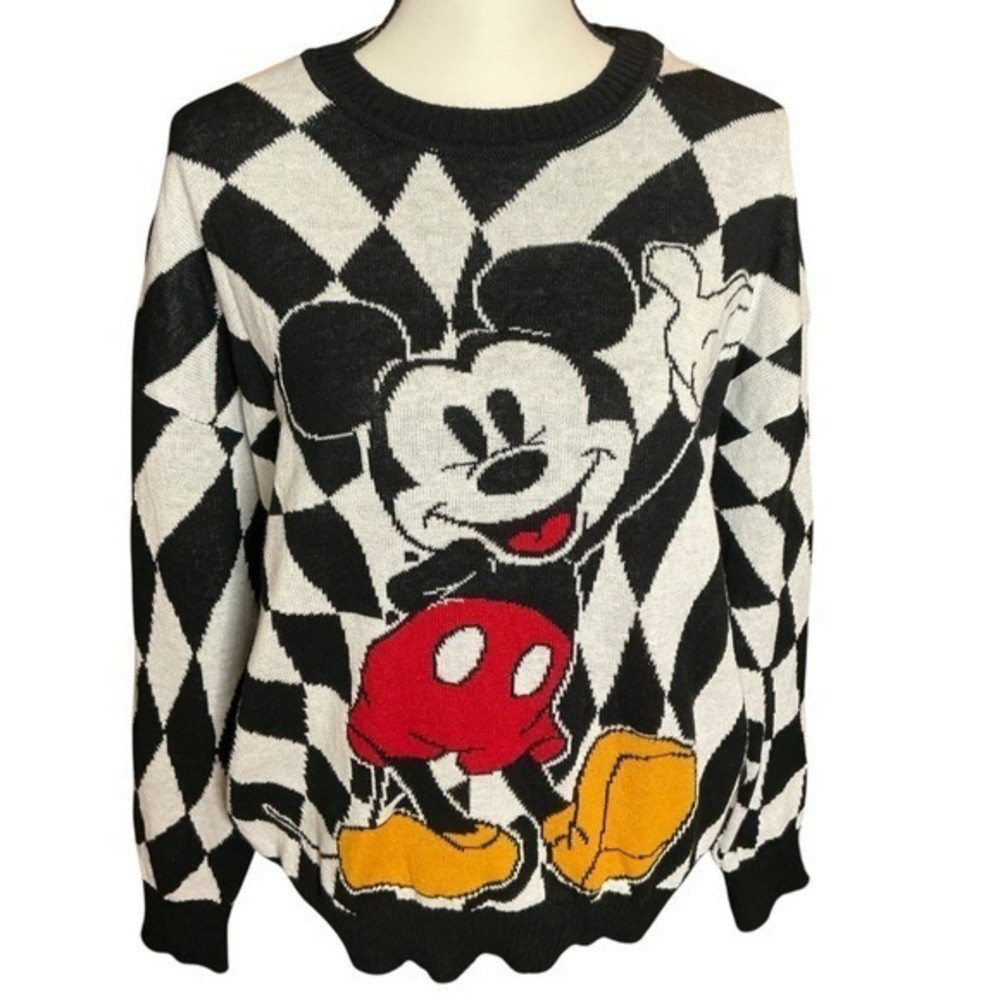 Disney Mickey Mouse Sweater Black and White Checker Pattern Long Sleeve Pullover